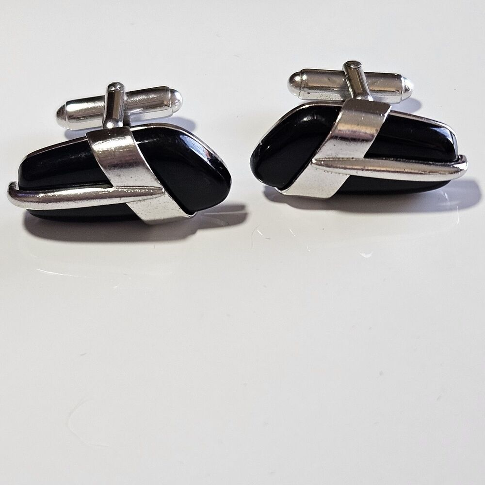 Vintage Anson Silver Tone Black Stone Cufflinks IOB